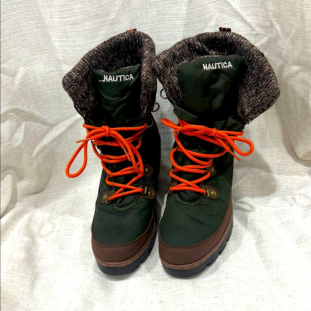 Nautica Forest Green and Chestnut Boots with Vibrant Orange Laces